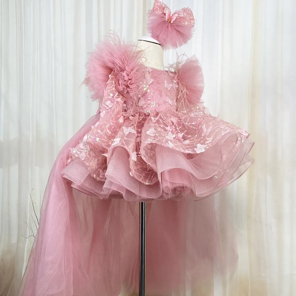 Bow flower Dress for girls Baby birthday party Princess dress tail can be removed Colors can be customized