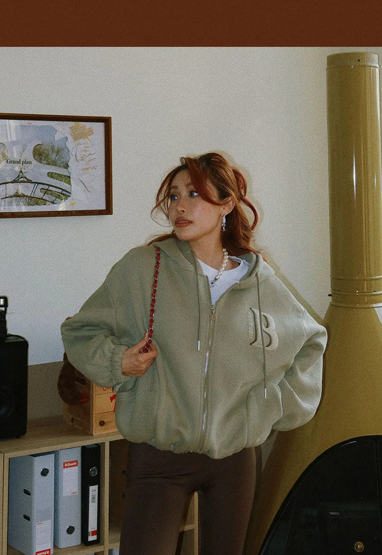 Britney Letter Print Solid Color Baggy Loose Long Sleeve Zip Up Hoodie
