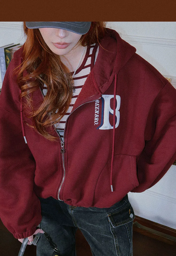 Britney Letter Print Solid Color Baggy Loose Long Sleeve Zip Up Hoodie