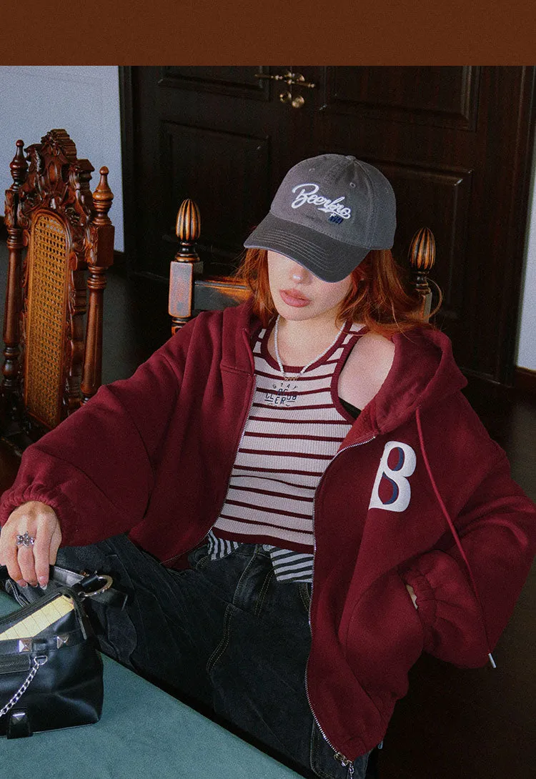 Britney Letter Print Solid Color Baggy Loose Long Sleeve Zip Up Hoodie