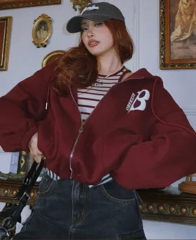 Britney Letter Print Solid Color Baggy Loose Long Sleeve Zip Up Hoodie