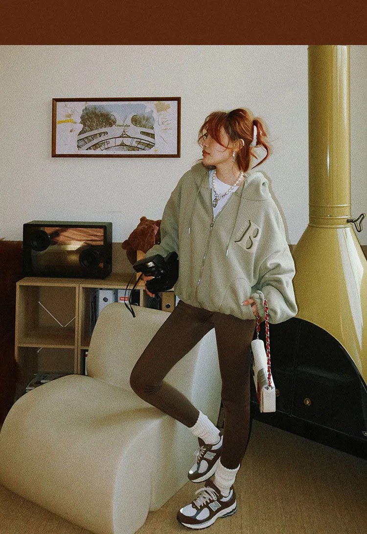 Britney Letter Print Solid Color Baggy Loose Long Sleeve Zip Up Hoodie