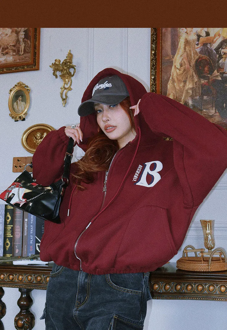 Britney Letter Print Solid Color Baggy Loose Long Sleeve Zip Up Hoodie
