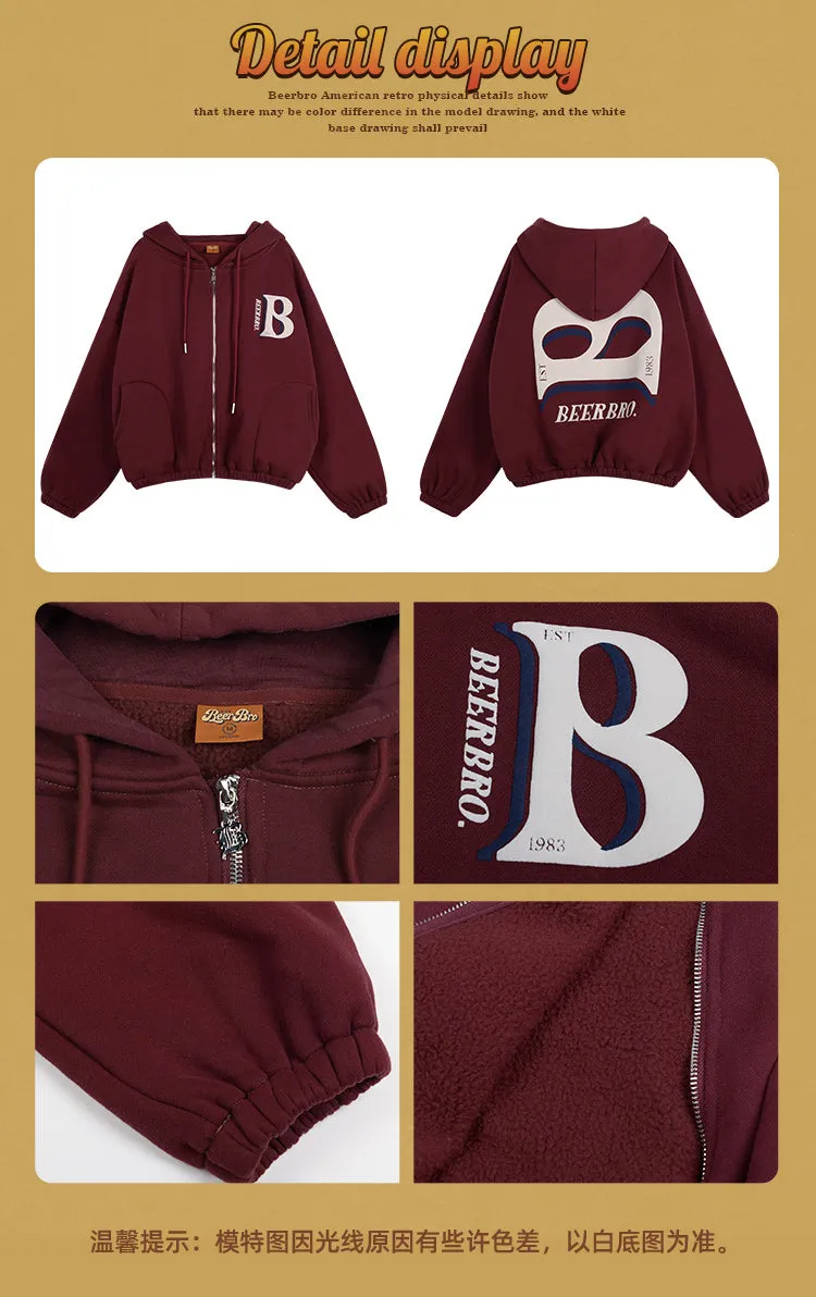 Britney Letter Print Solid Color Baggy Loose Long Sleeve Zip Up Hoodie