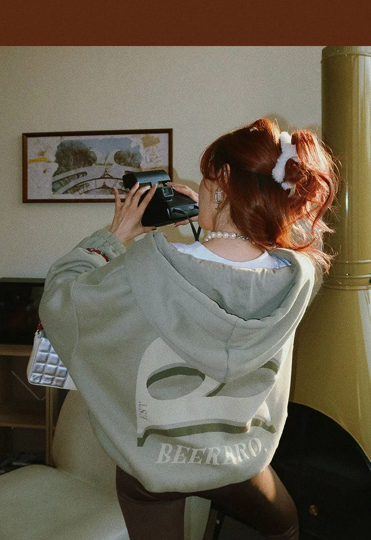 Britney Letter Print Solid Color Baggy Loose Long Sleeve Zip Up Hoodie