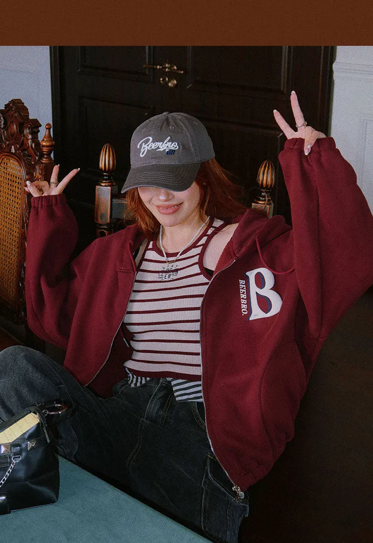 Britney Letter Print Solid Color Baggy Loose Long Sleeve Zip Up Hoodie