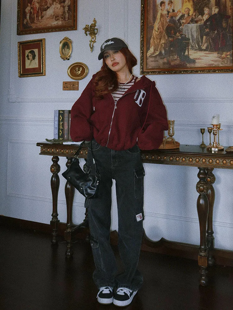 Britney Letter Print Solid Color Baggy Loose Long Sleeve Zip Up Hoodie