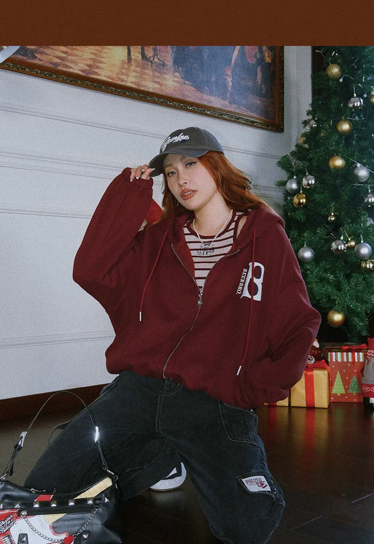 Britney Letter Print Solid Color Baggy Loose Long Sleeve Zip Up Hoodie