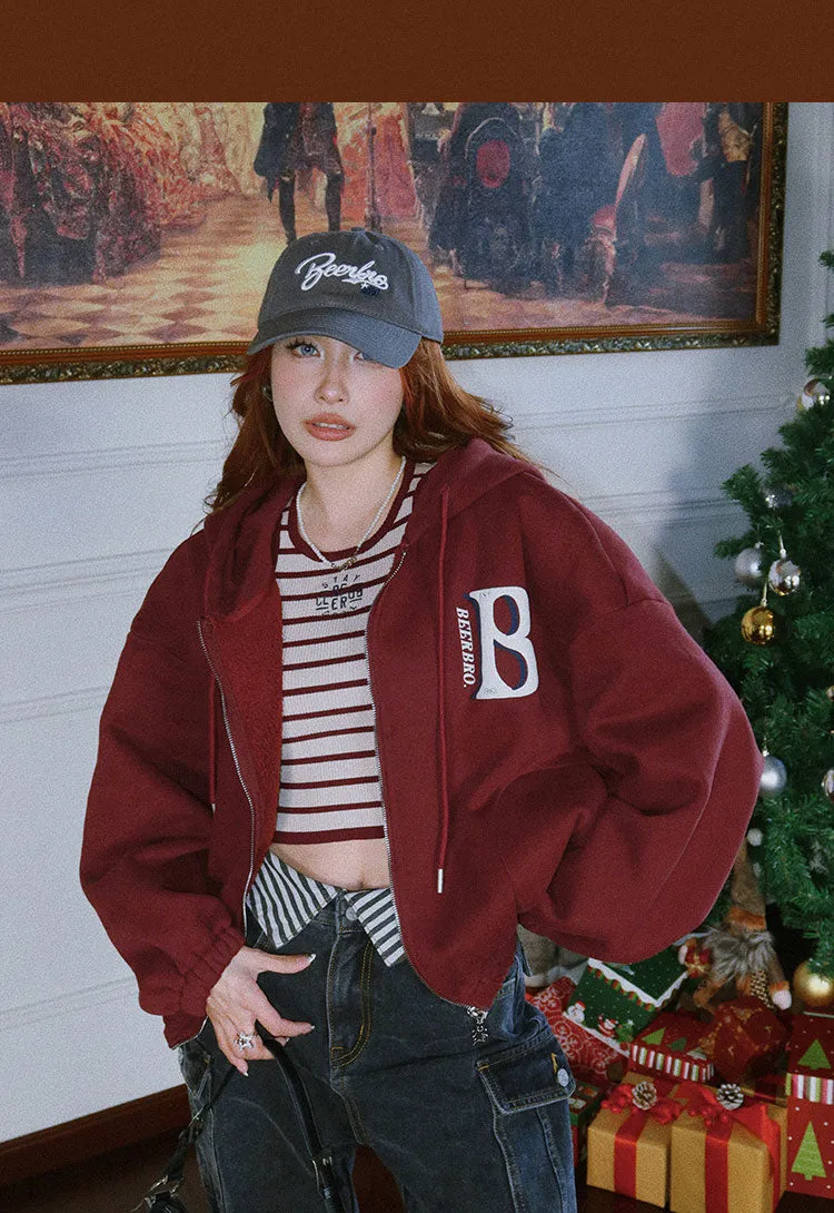 Britney Letter Print Solid Color Baggy Loose Long Sleeve Zip Up Hoodie