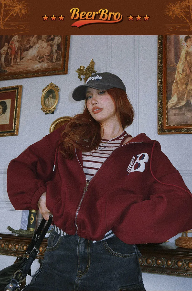 Britney Letter Print Solid Color Baggy Loose Long Sleeve Zip Up Hoodie