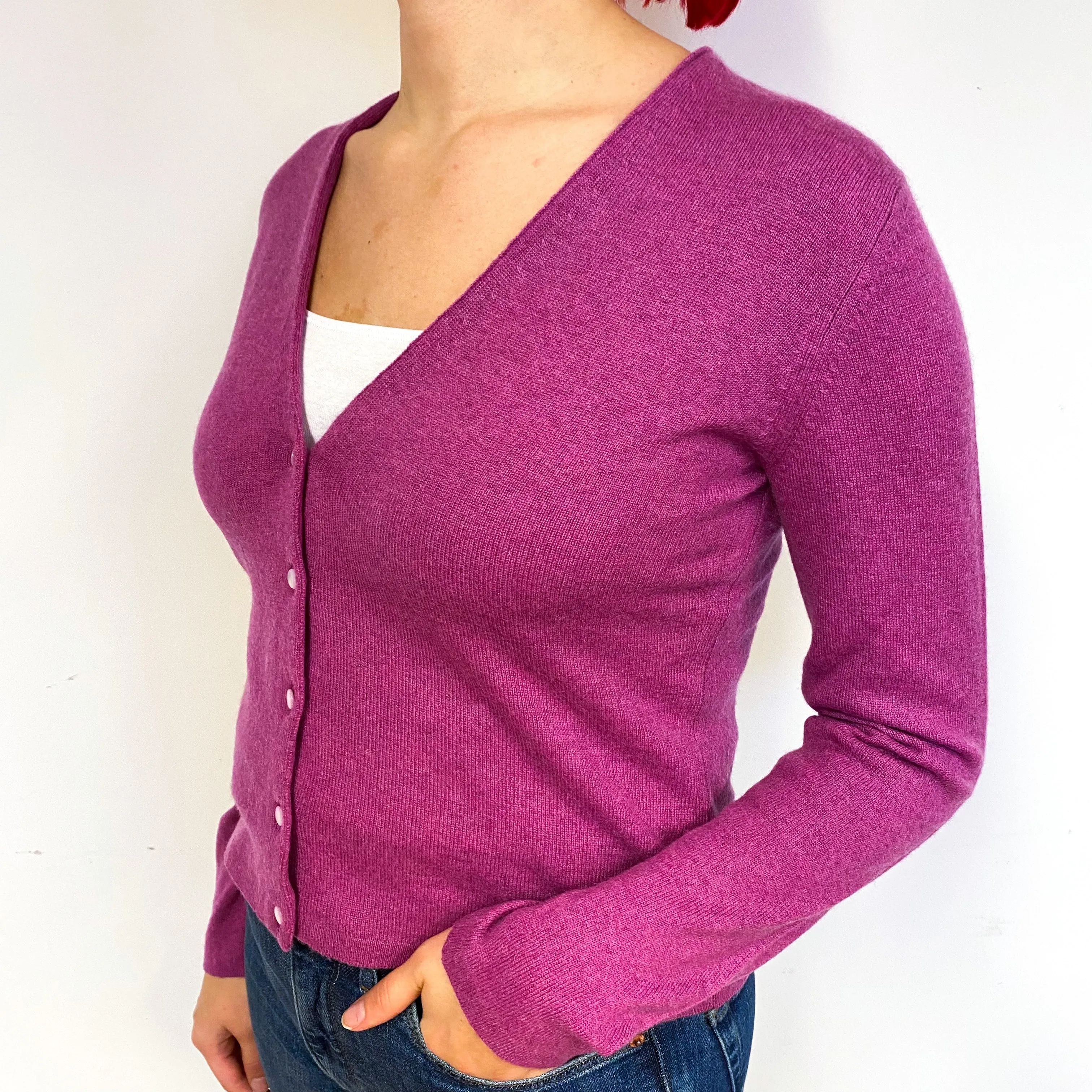Brora Magenta Pink Cashmere V-Neck Cardigan Small