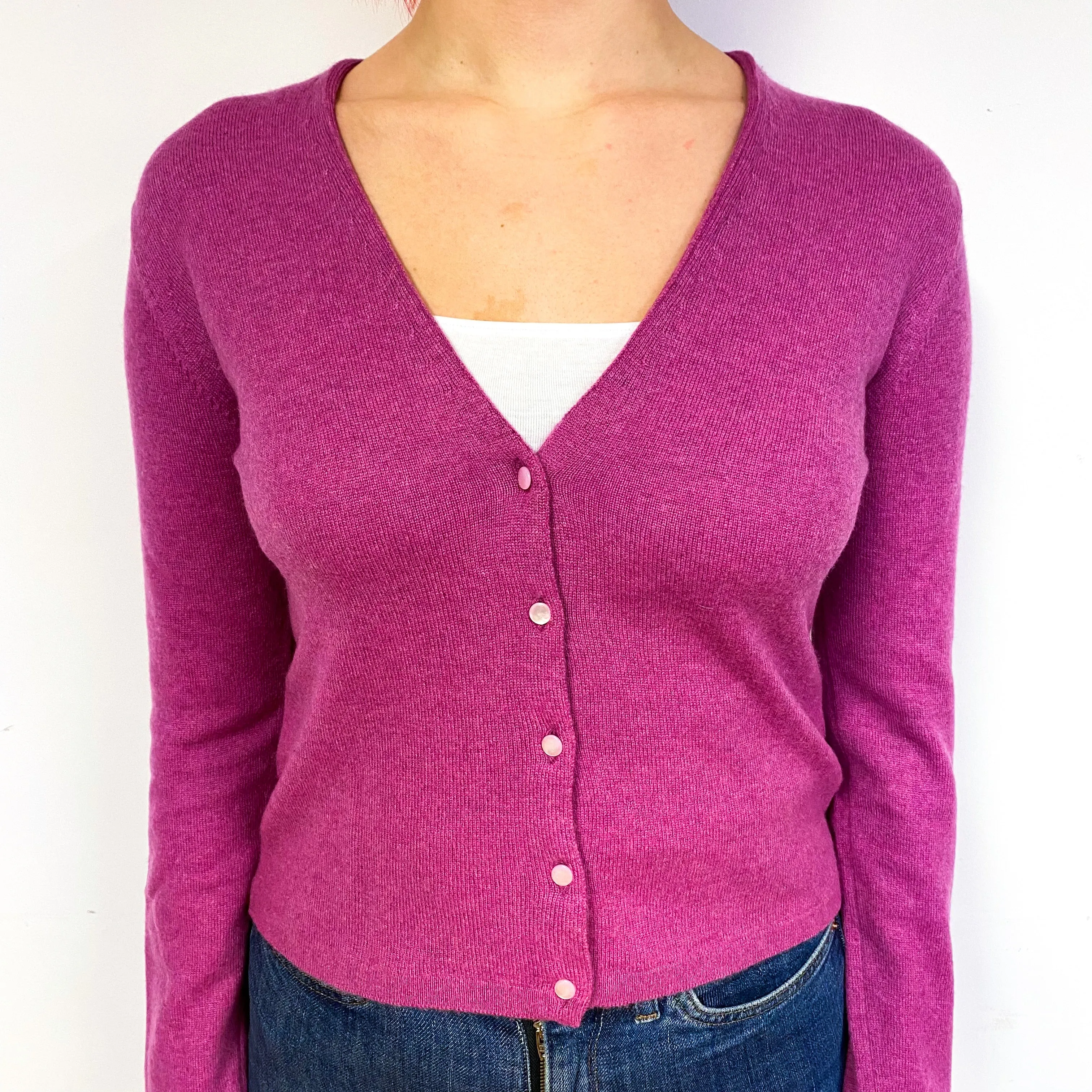 Brora Magenta Pink Cashmere V-Neck Cardigan Small