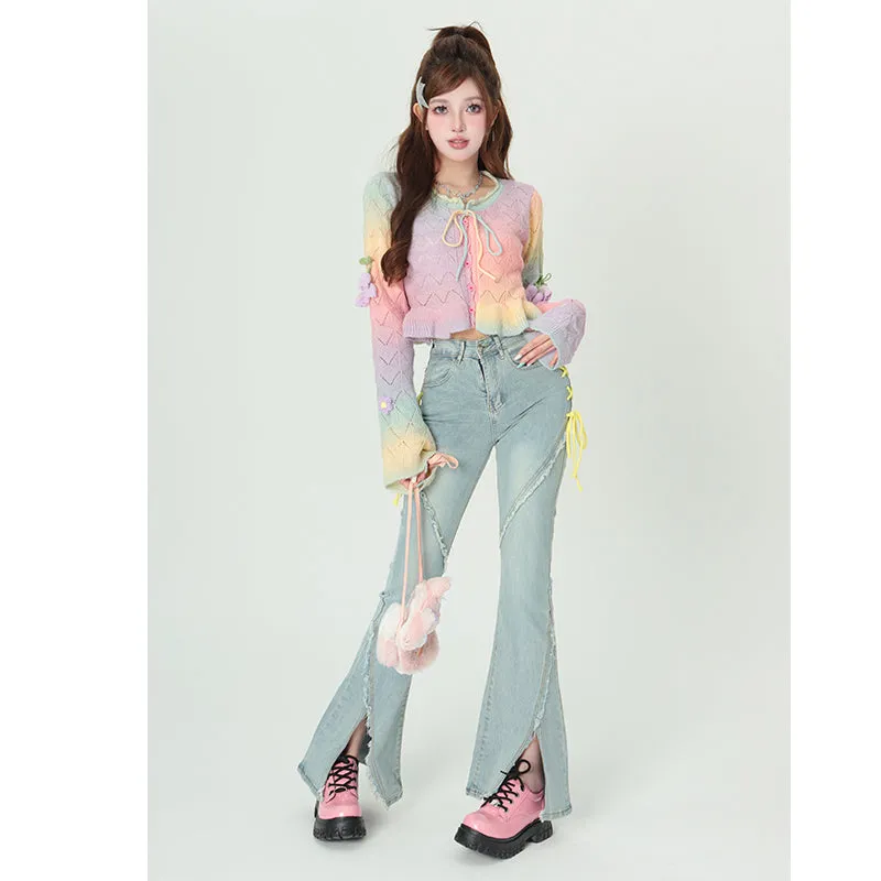 Bubblegum Soft Pastel Colorful Rainbow Knit Sweater Cardigan