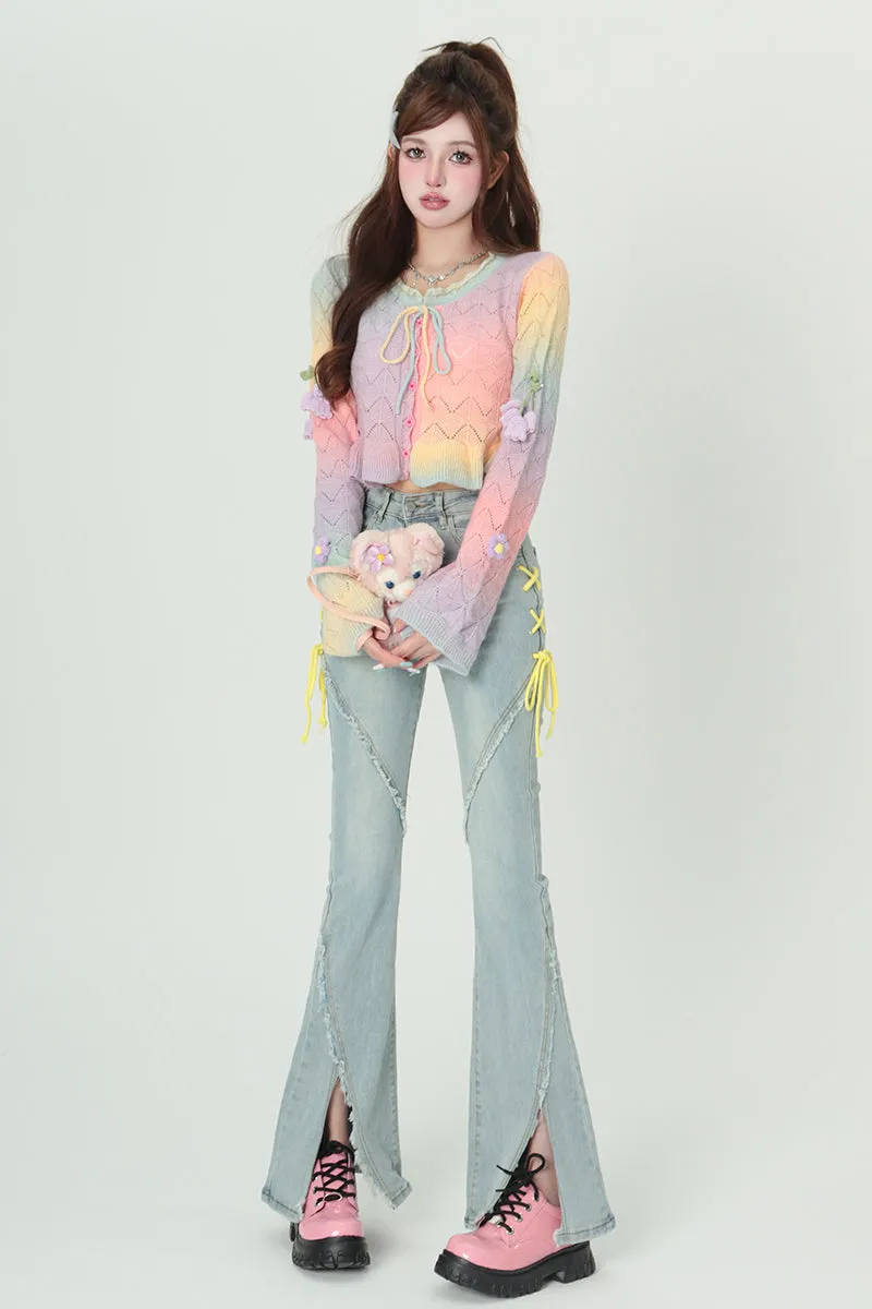 Bubblegum Soft Pastel Colorful Rainbow Knit Sweater Cardigan