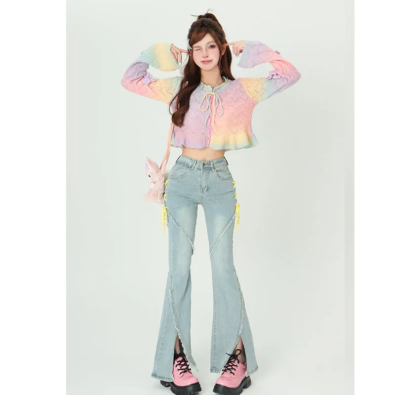 Bubblegum Soft Pastel Colorful Rainbow Knit Sweater Cardigan