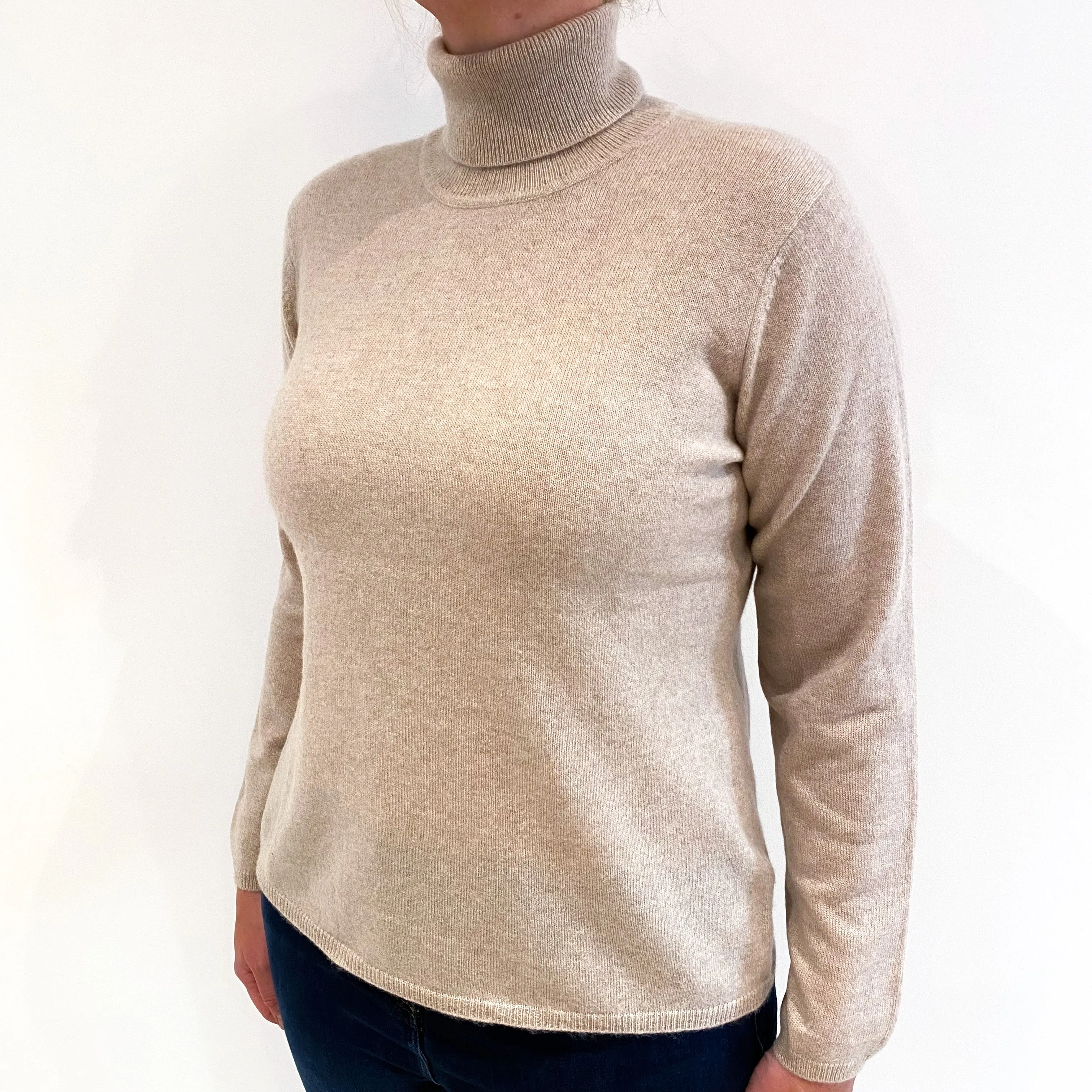 Buff Beige Cashmere Polo Neck Jumper Large
