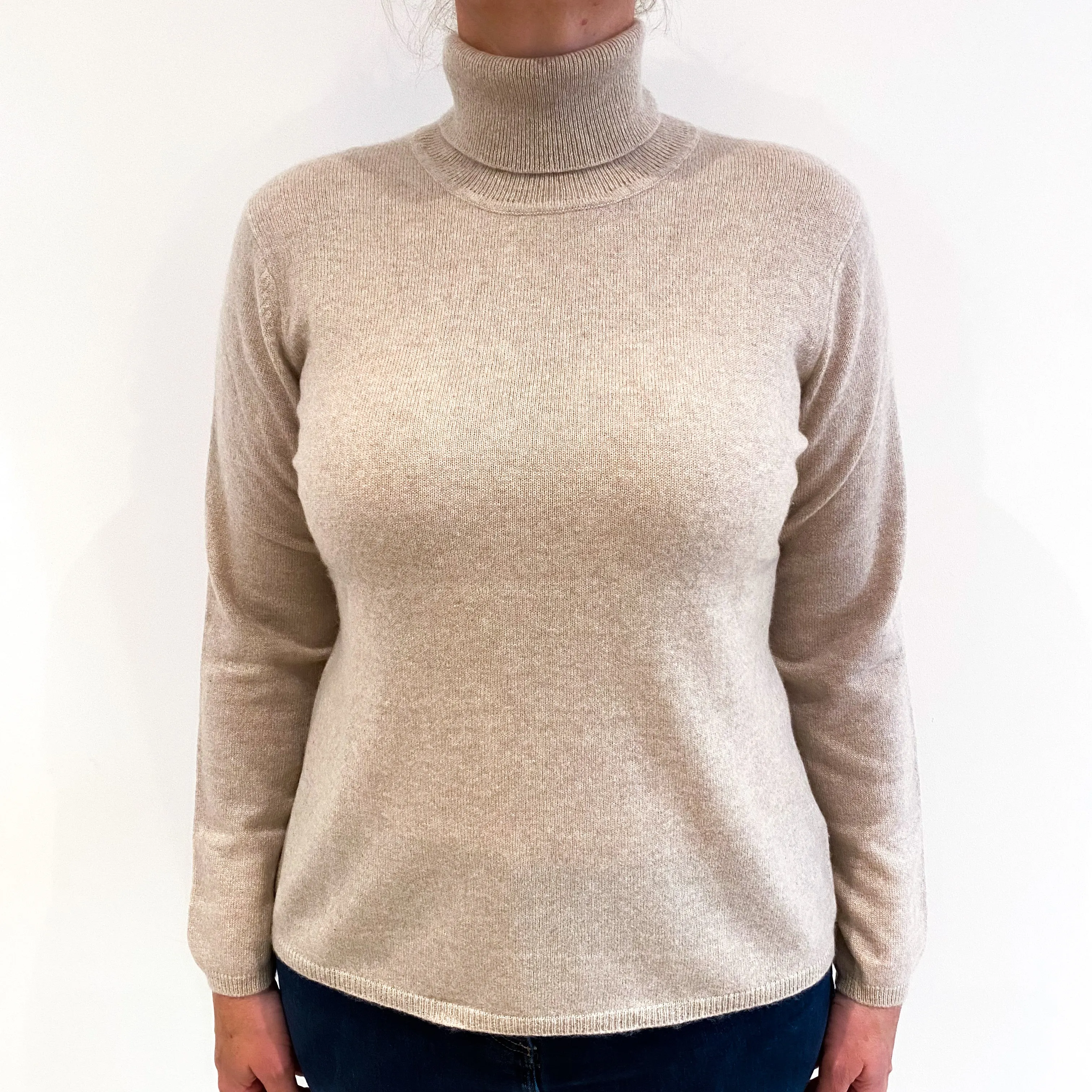 Buff Beige Cashmere Polo Neck Jumper Large
