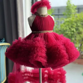 Burgundy girl's birthday party princess dress with train and neck TuTU dress tail can be removed