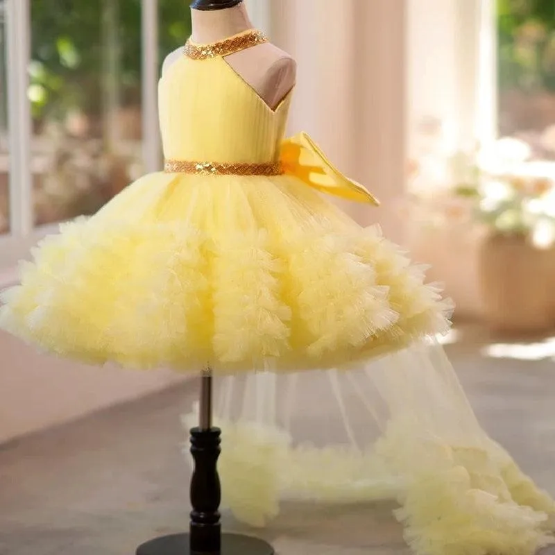 Burgundy girl's birthday party princess dress with train and neck TuTU dress tail can be removed