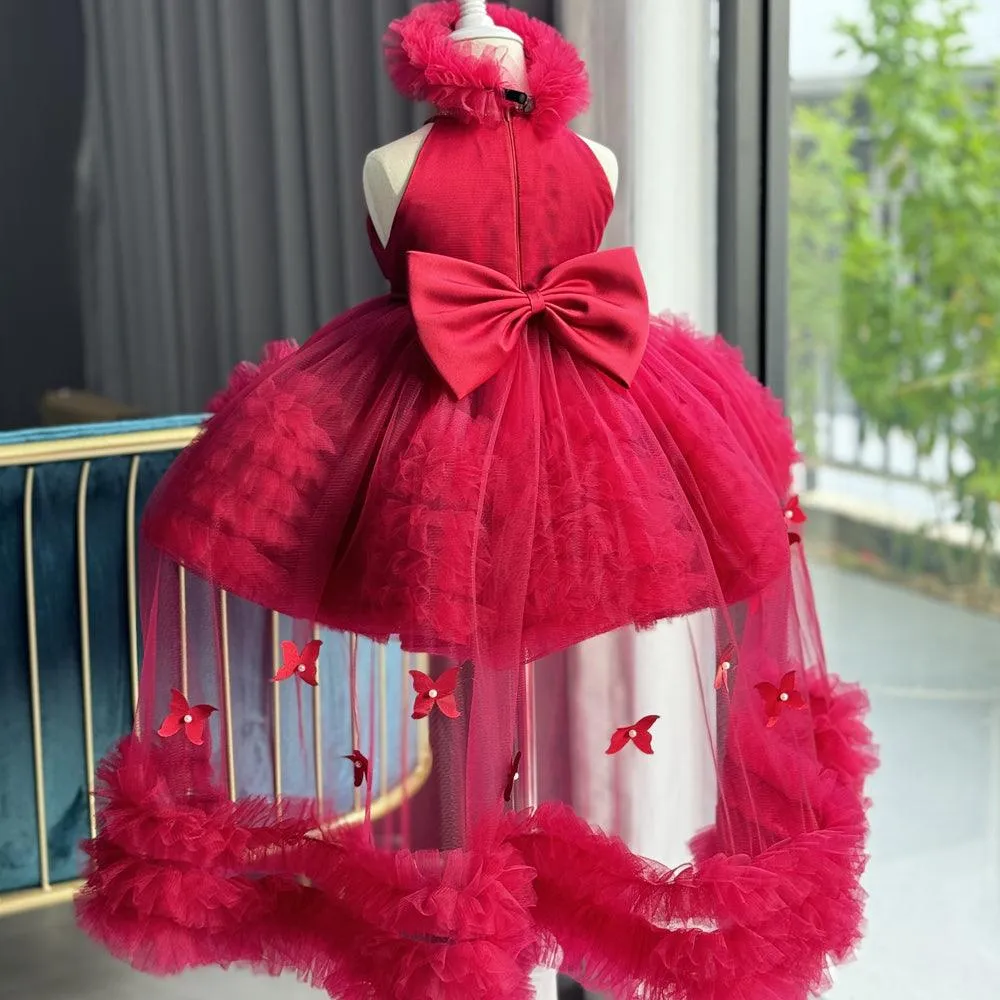 Burgundy girl's birthday party princess dress with train and neck TuTU dress tail can be removed