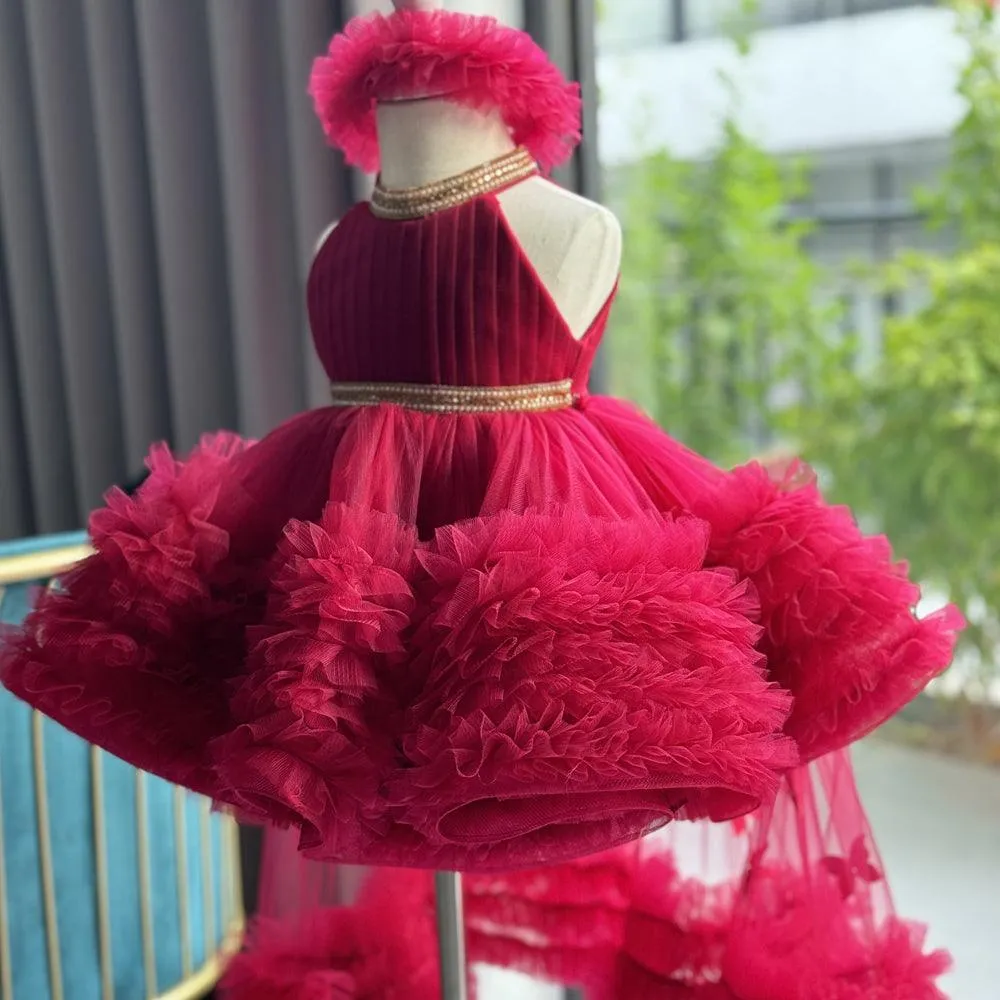 Burgundy girl's birthday party princess dress with train and neck TuTU dress tail can be removed