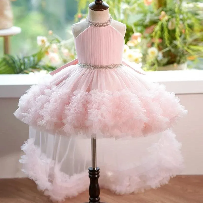 Burgundy girl's birthday party princess dress with train and neck TuTU dress tail can be removed