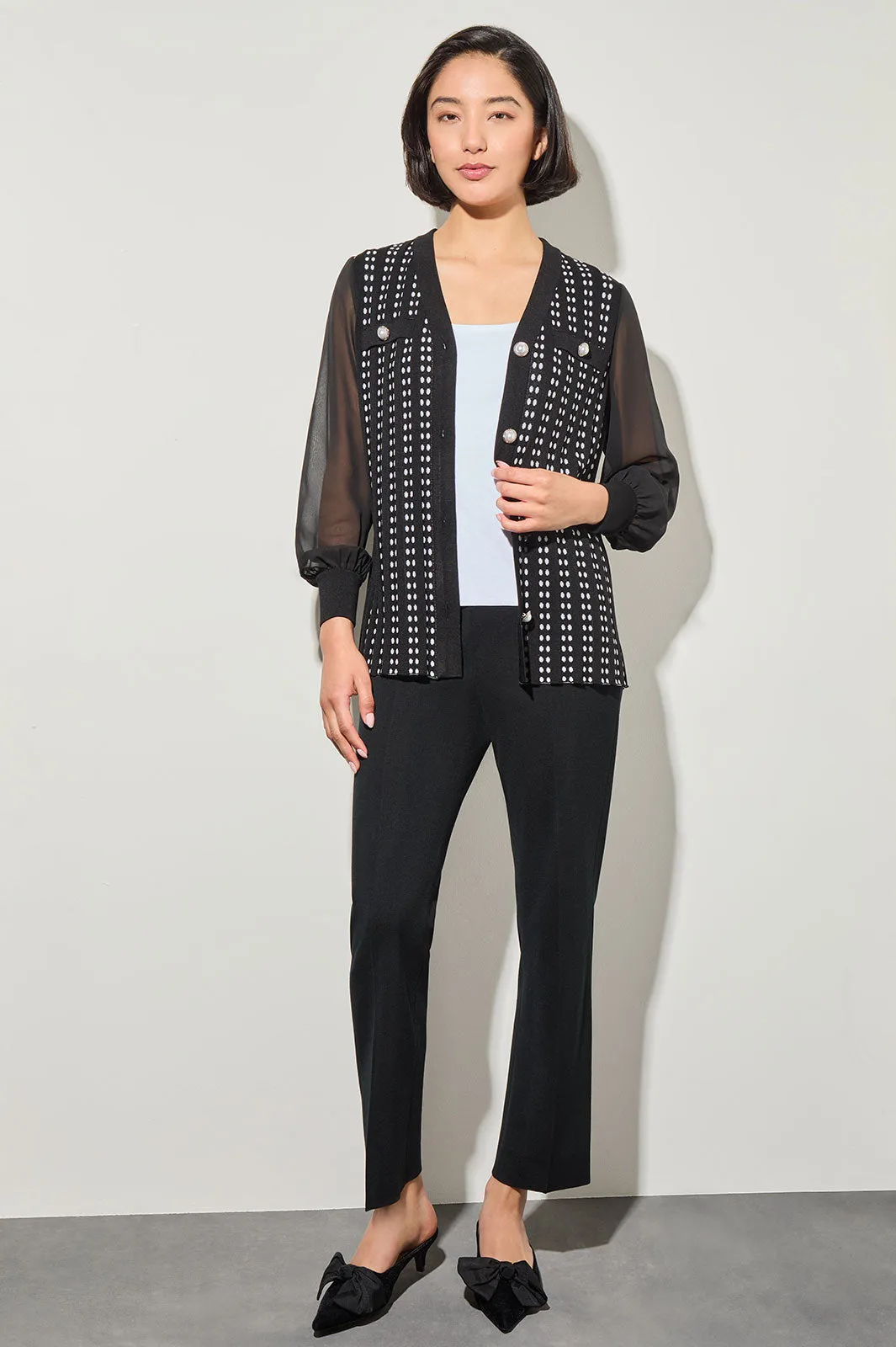 Button-Front Chiffon and Tweed Mixed-Media Cardigan