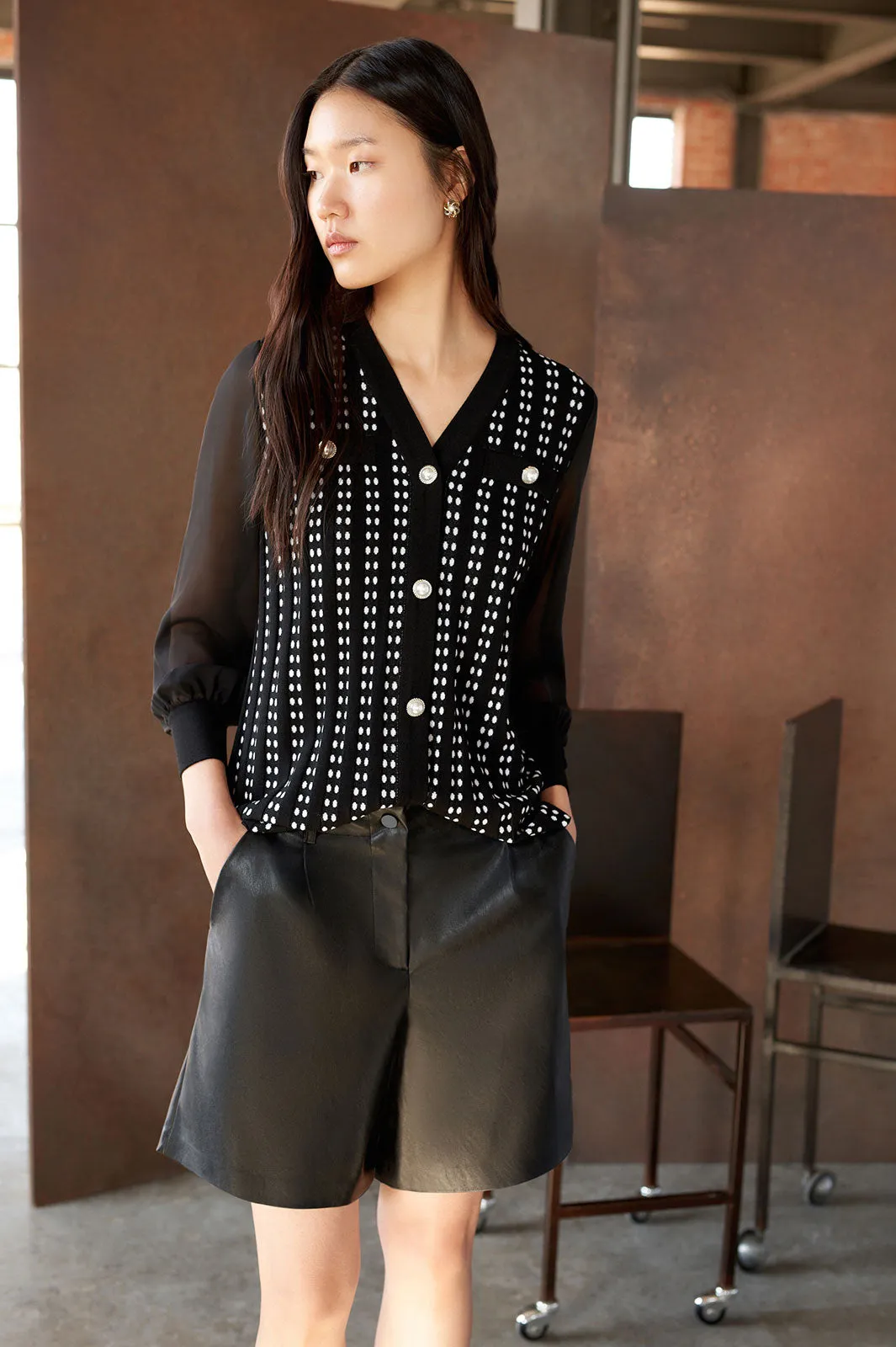 Button-Front Chiffon and Tweed Mixed-Media Cardigan