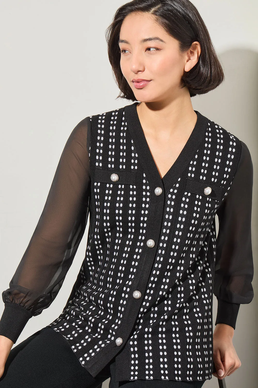 Button-Front Chiffon and Tweed Mixed-Media Cardigan