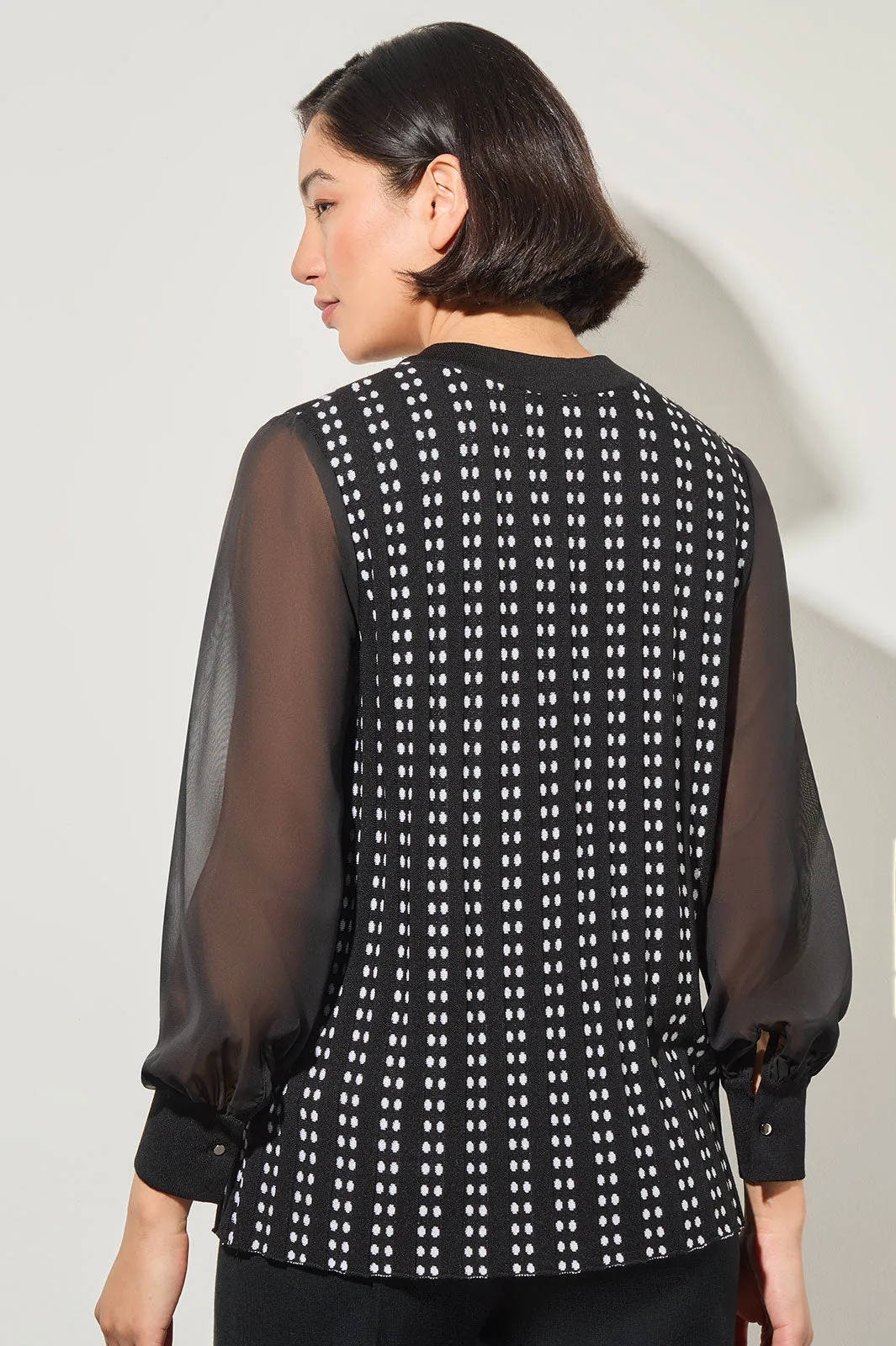 Button-Front Chiffon and Tweed Mixed-Media Cardigan
