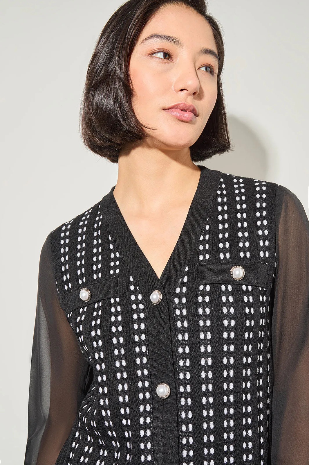 Button-Front Chiffon and Tweed Mixed-Media Cardigan