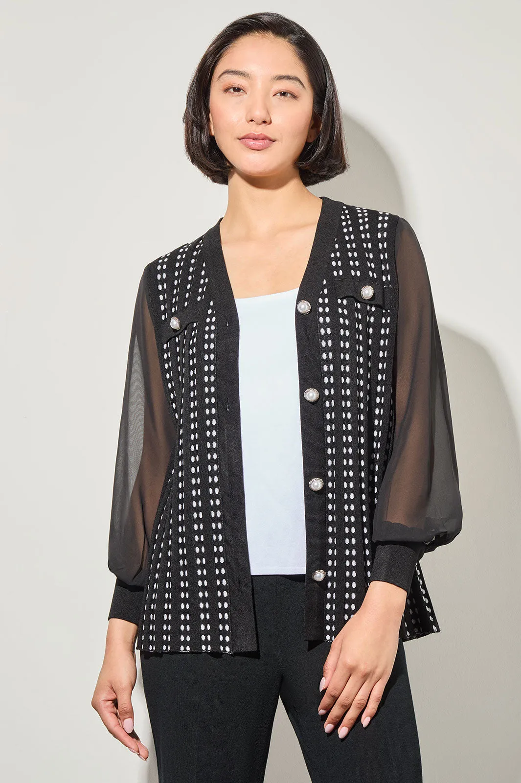 Button-Front Chiffon and Tweed Mixed-Media Cardigan