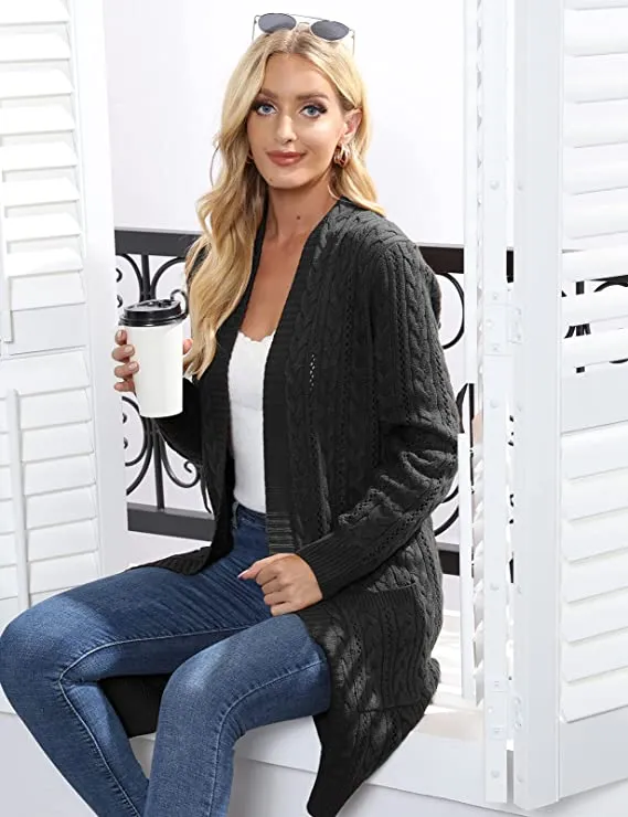 Cadet Gray Women Open Front Cardigan Sweaters Pockets Long Sleeve Shrugs - GRACE KARIN