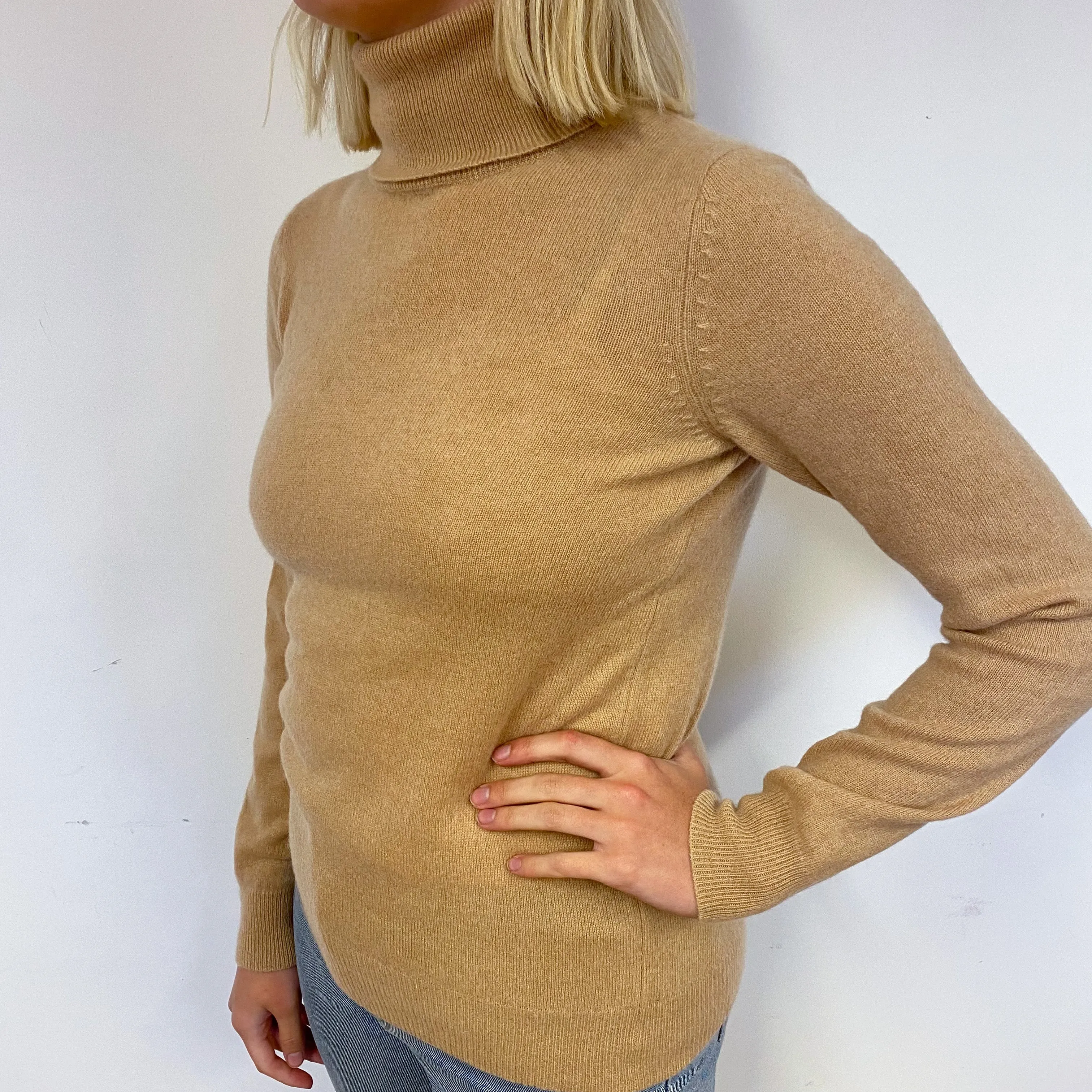 Caramel Brown Cashmere Polo Neck Jumper Small