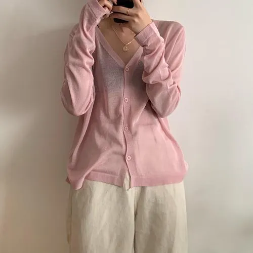 Cardigan Women Korean Long Sleeve Cardigan Summer Cropped Cardigan Knitted V Neck Thin Ice Silk Blouse Sunscreen Shirt 13482