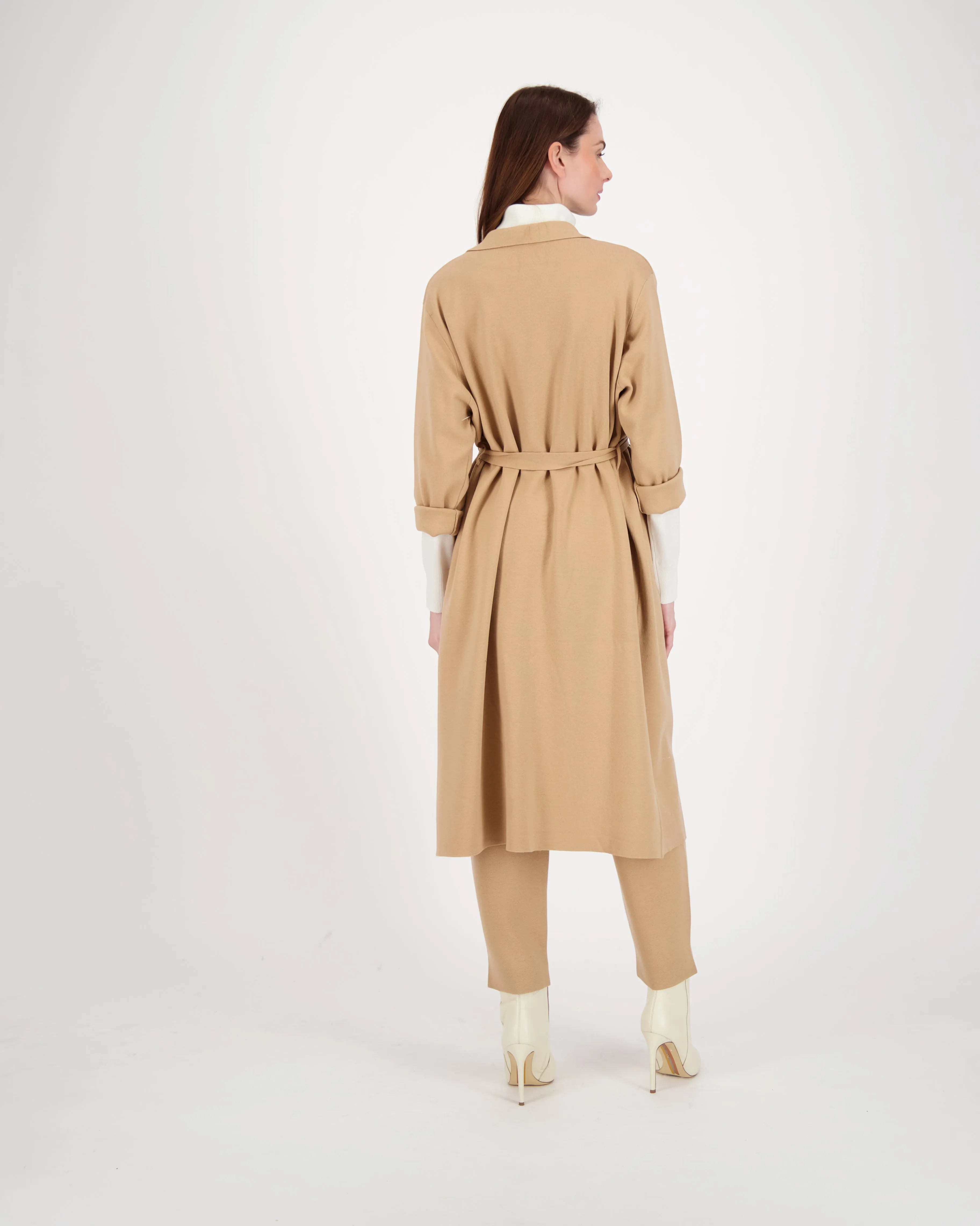 Collared Belted Long Knit Cardigan