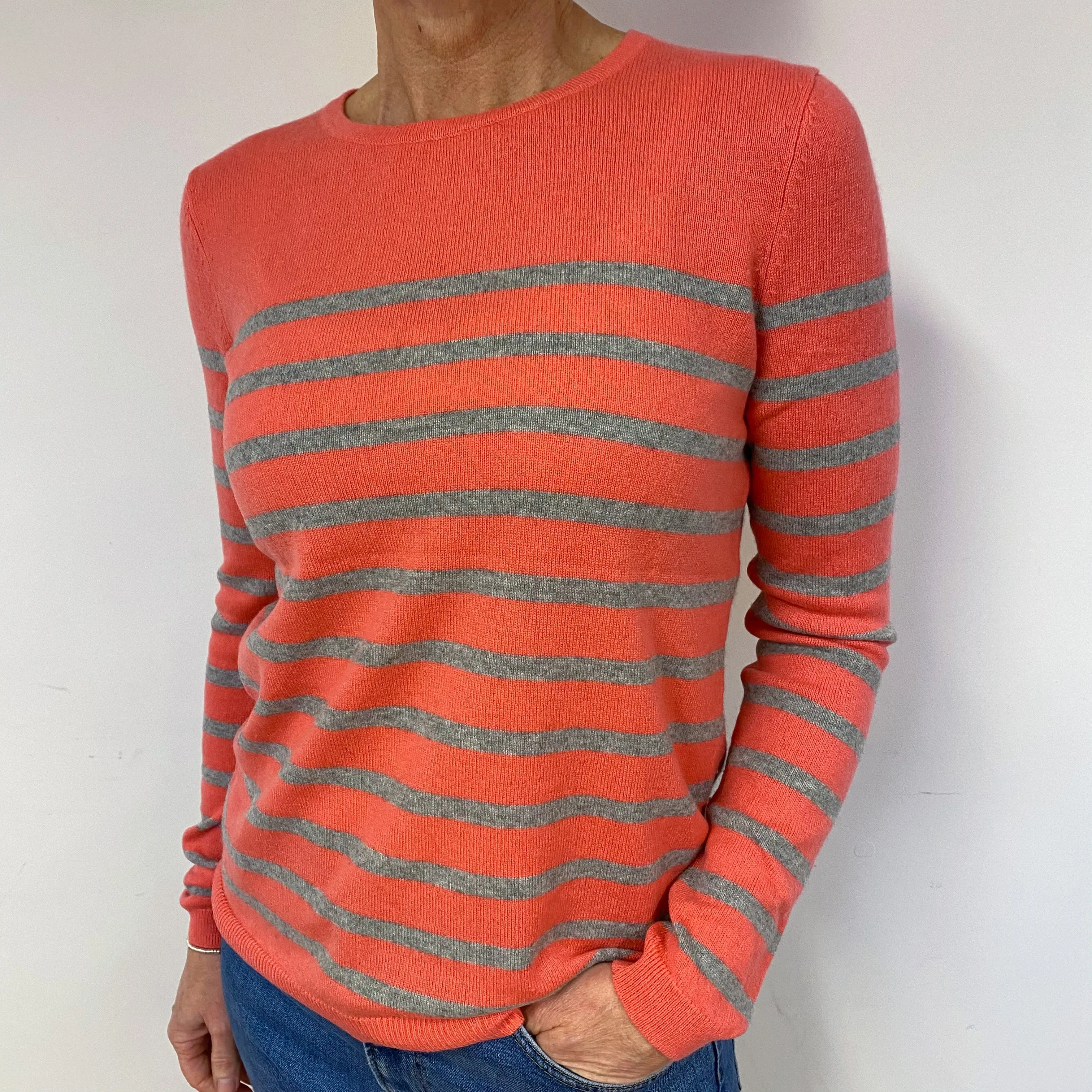 Coral and Grey Stripe Cashmere Crew Neck Jumper Medium