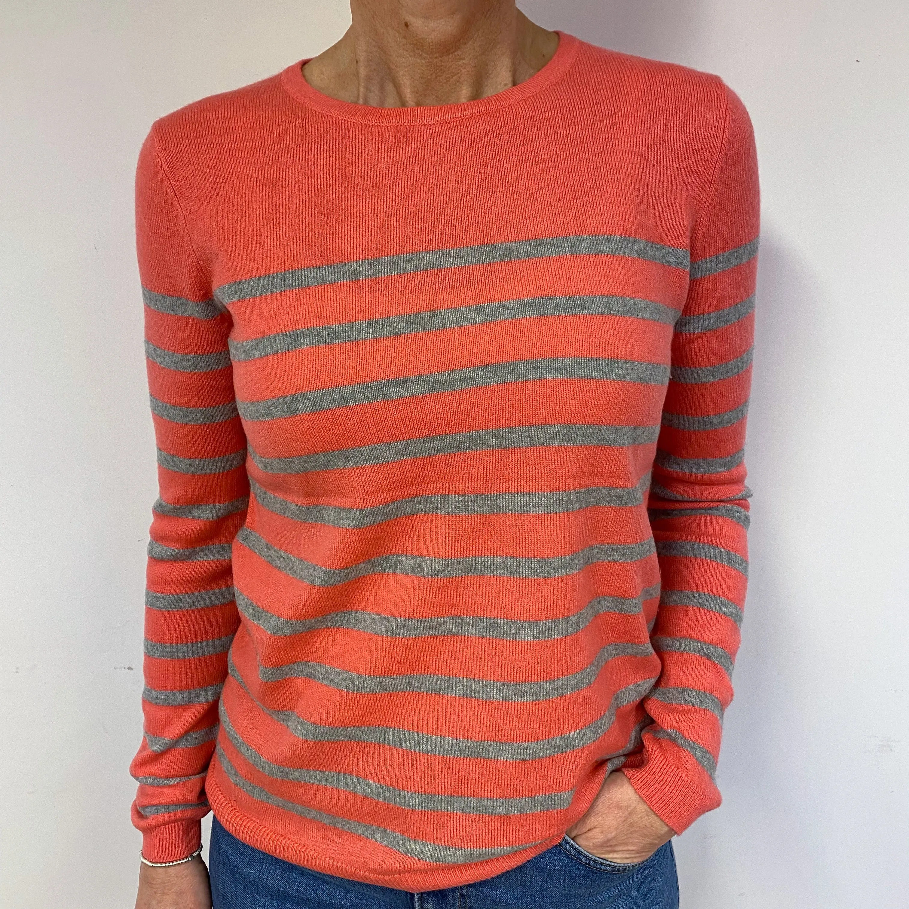 Coral and Grey Stripe Cashmere Crew Neck Jumper Medium