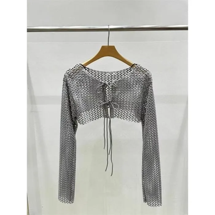 Crew Neck Plain Perforated Tie Front Crop Cardigan