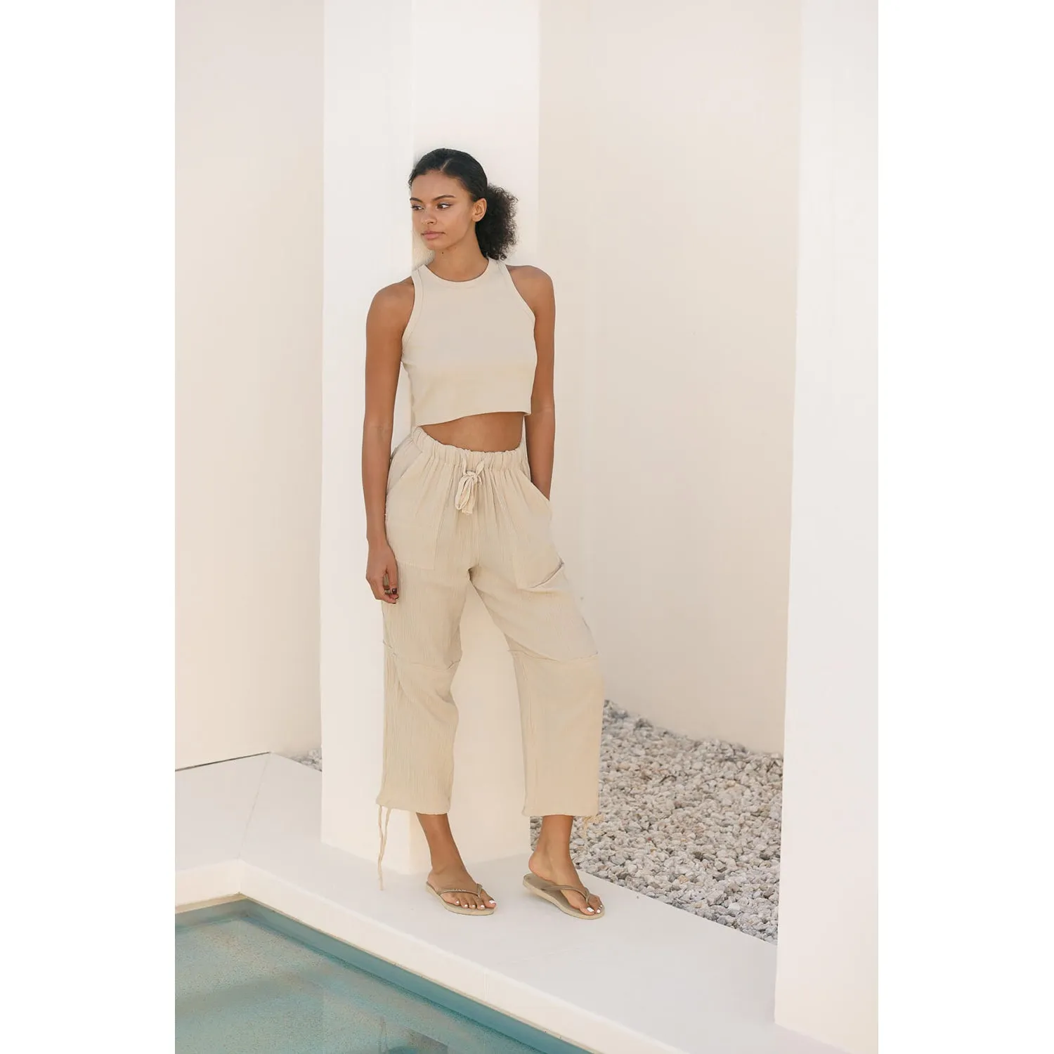 Crinkle Gauze Drawstring Tie Hem Jogger - Fog Taupe