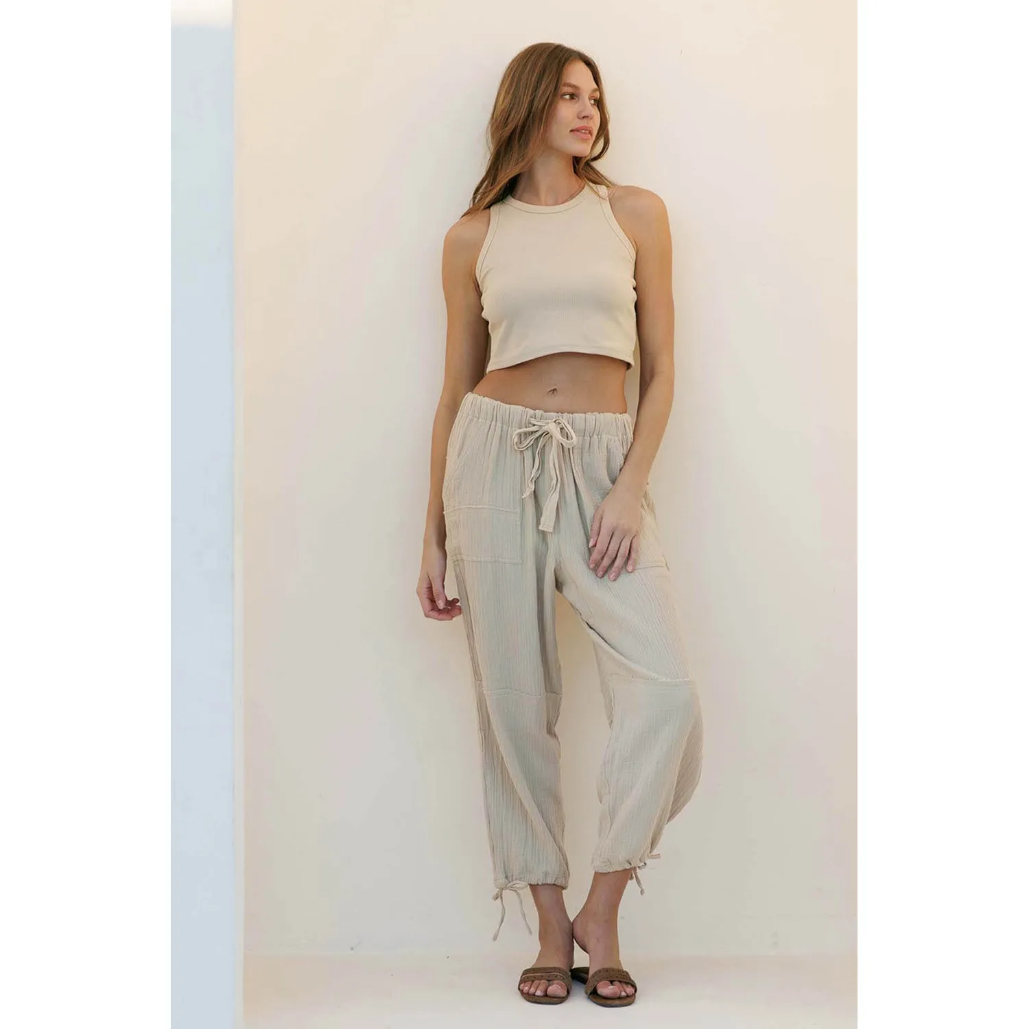 Crinkle Gauze Drawstring Tie Hem Jogger - Fog Taupe