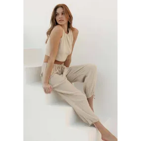 Crinkle Gauze Drawstring Tie Hem Jogger - Fog Taupe