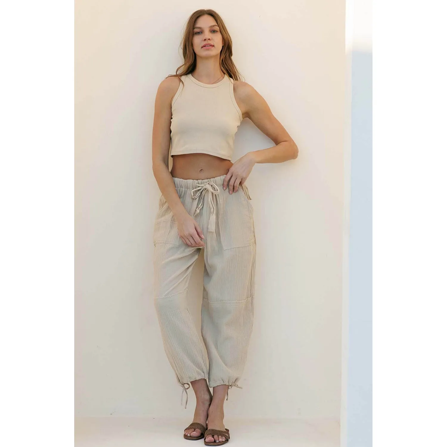 Crinkle Gauze Drawstring Tie Hem Jogger - Fog Taupe