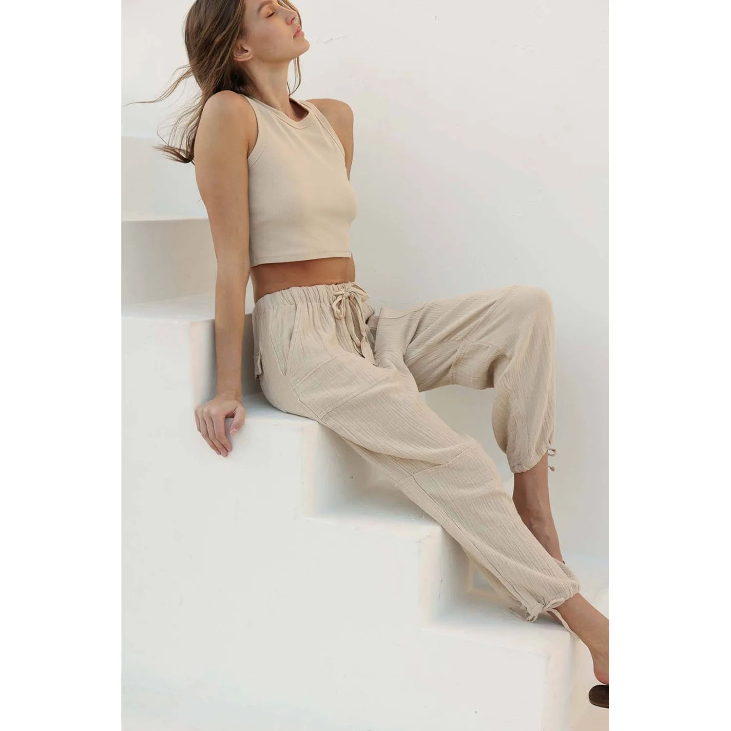 Crinkle Gauze Drawstring Tie Hem Jogger - Fog Taupe
