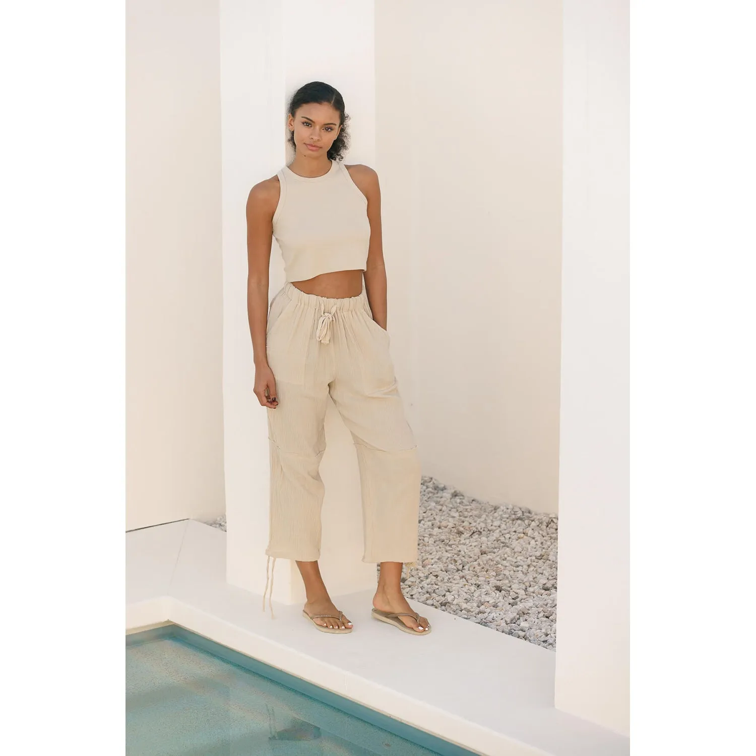 Crinkle Gauze Drawstring Tie Hem Jogger - Fog Taupe