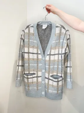 CYRUS Pastel Blue Taupe Plaid Long Button Front Cardigan - XS/S