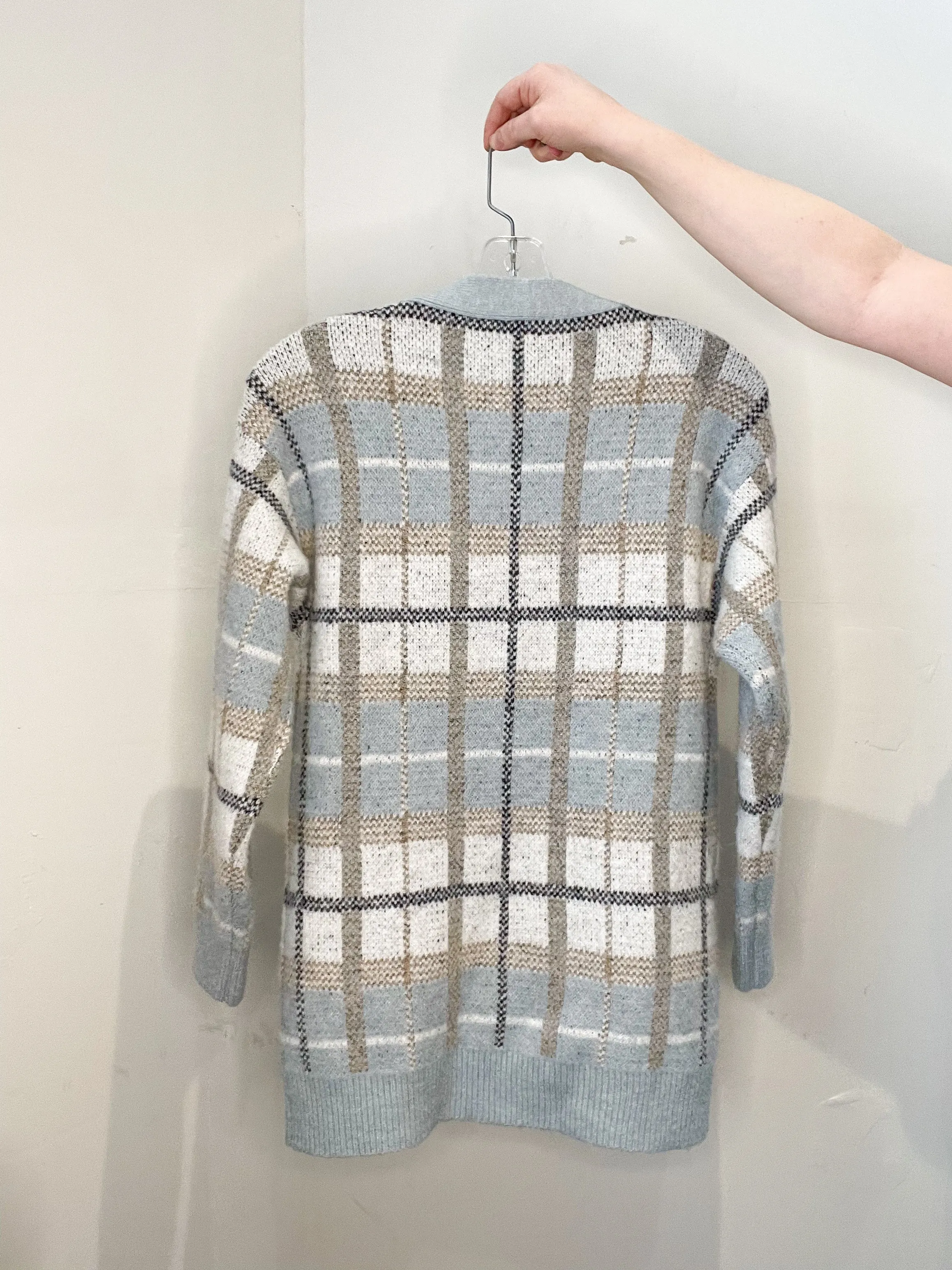 CYRUS Pastel Blue Taupe Plaid Long Button Front Cardigan - XS/S