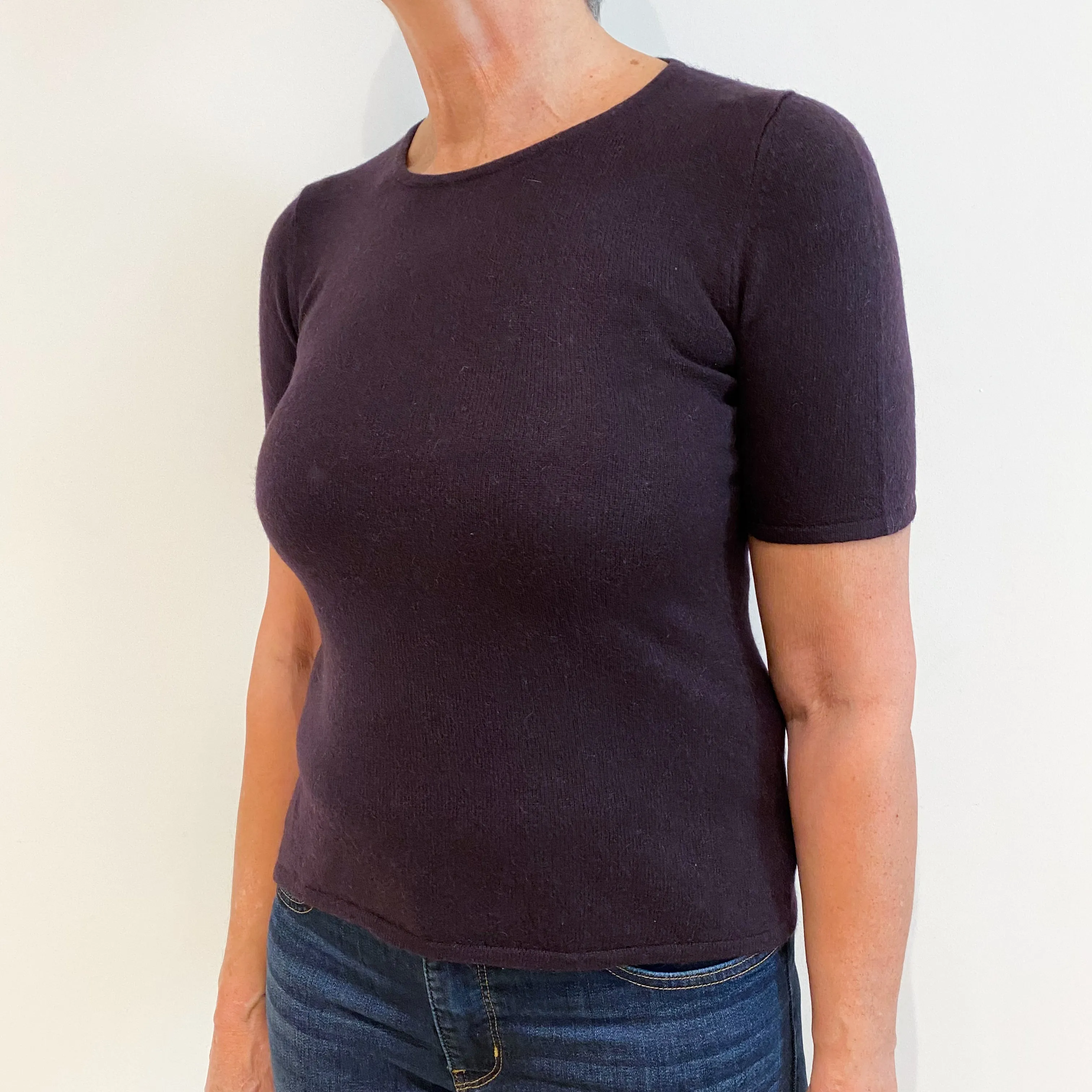 Deepest Purple Cashmere Short Sleeve Crew Neck Jumper Medium