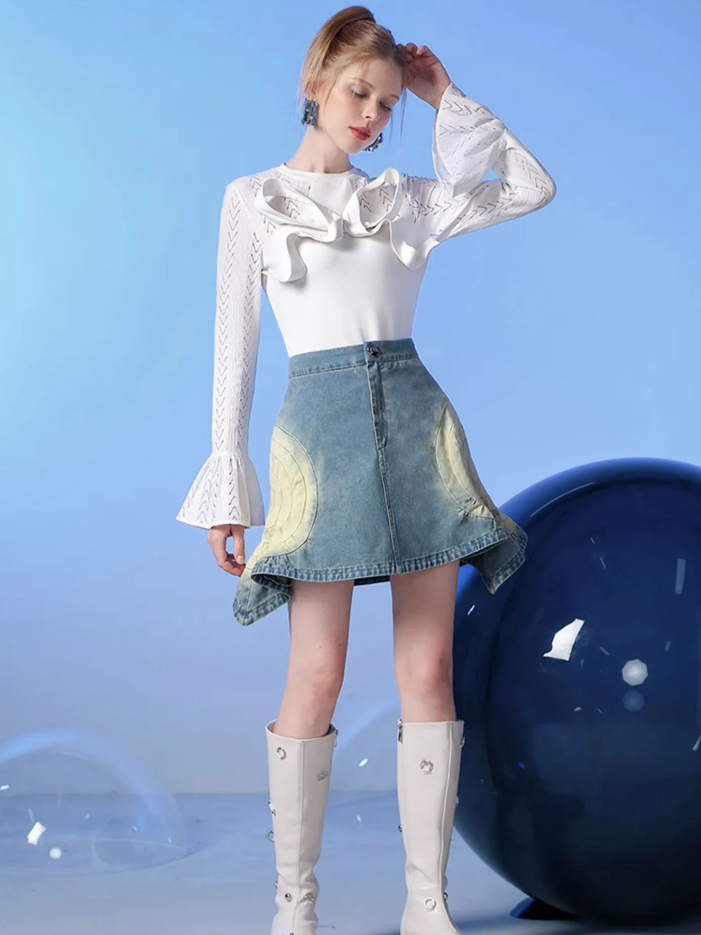 Denim Asymmetry Nichi Mermaid Faded Mini-Skirt