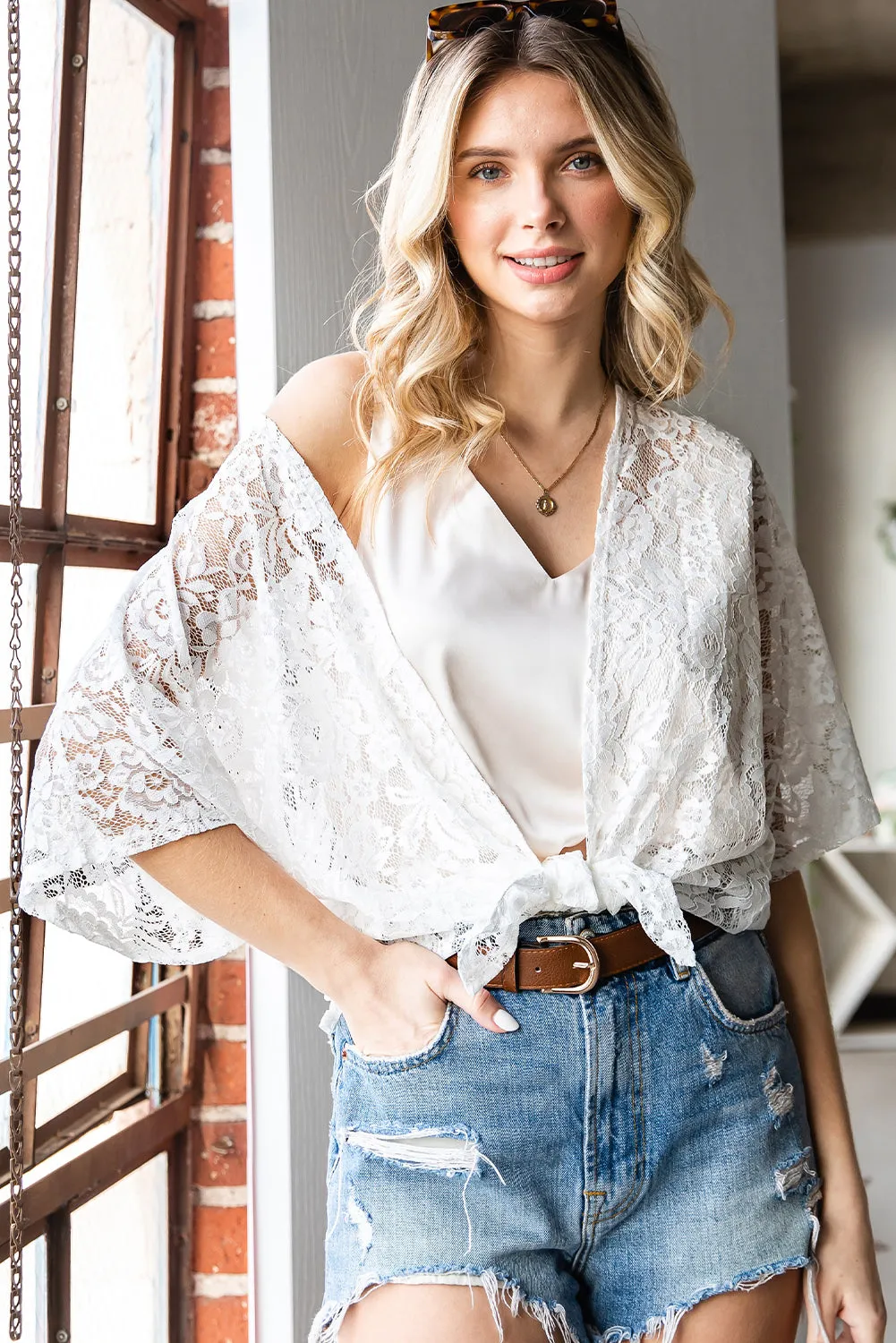 Doily Lace Open Front Half Sleeve Cardigan